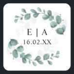 Eucalyptus Greenery Wedding Bonbonniere Vierkante Sticker<br><div class="desc">Kan volledig worden aangepast aan uw behoeften. © Gorjo Design. Gemaakt voor je via het Zazzle platform. // Op zoek naar overeenkomende objecten? Andere kantoorbenodigdheden uit de set die beschikbaar is in de afdeling "collecties" van mijn winkel. // Hulp nodig bij het aanpassen van uw ontwerp? Heb je andere ideeën?...</div>