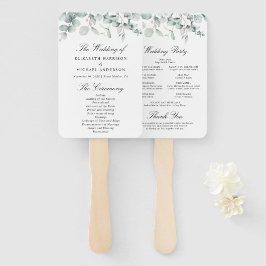 Eucalyptus Greenery Wedding Ceremony Programme Handwaaier (Voorkant en achterkant)