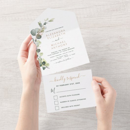 Eucalyptus Greenery Wedding Elegant modern All In One Uitnodiging (Afscheurbaar)