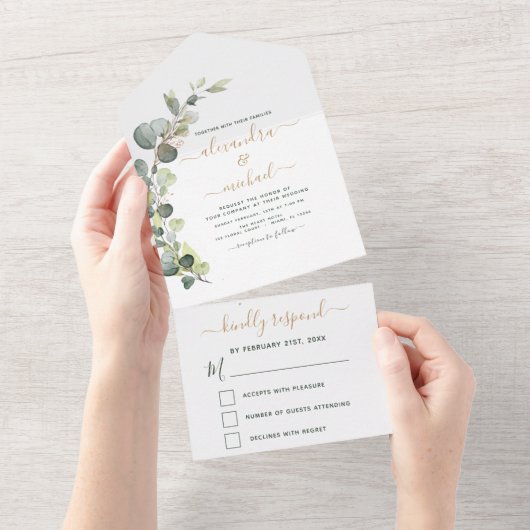 Eucalyptus Greenery Wedding Elegant Modern All In One Uitnodiging (Afscheurbaar)