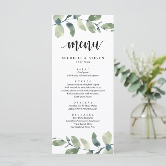 Eucalyptus Greenery Wedding Elopement Dinner Menu (Staand voorkant)