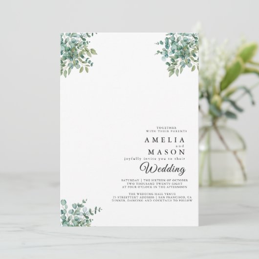 eucalyptus greenery wedding Invitation Kaart (Staand voorkant)