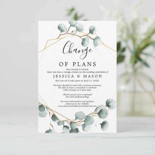 Eucalyptus Greenery Wedding Postponed Notice Kaart (Staand voorkant)