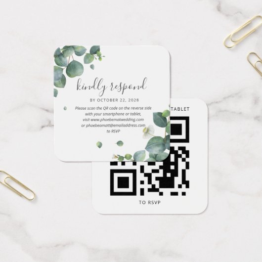 Eucalyptus Greenery Wedding QR Code RSVP Card Vierkante Visitekaartjes (Kantoor)