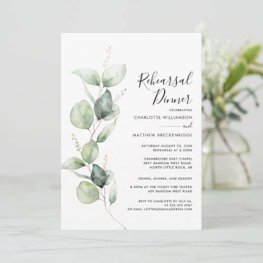 Eucalyptus Greenery Wedding Rehearsal Dinner Kaart (Staand voorkant)