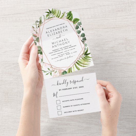 Eucalyptus Greenery Wedding Roos Gold Pink All In One Uitnodiging (Afscheurbaar)