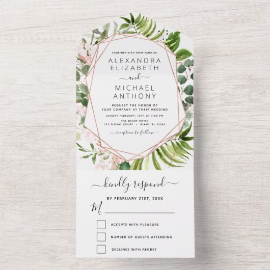 Eucalyptus Greenery Wedding Roos Gold Pink All In One Uitnodiging (Binnen)