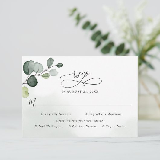 Eucalyptus Greenery Wedding Rsvp met maaltijdoptie (Staand voorkant)