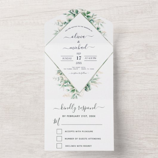 Eucalyptus Greenery Wedding Sage Green All In One Uitnodiging (Binnen)