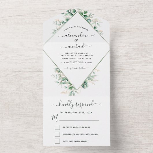 Eucalyptus Greenery Wedding Sage Green All In One Uitnodiging (Binnen)