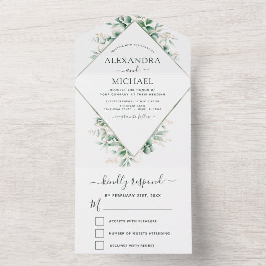 Eucalyptus Greenery Wedding Sage Green RSVP All In One Uitnodiging (Binnen)