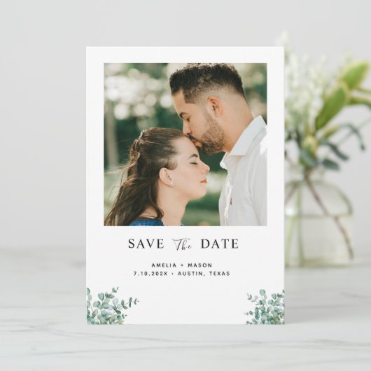 eucalyptus greenery wedding save the date (Staand voorkant)