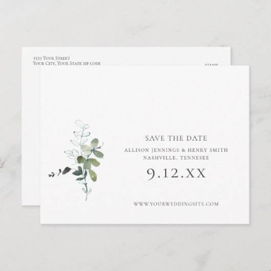 Eucalyptus Greenery Wedding Save the Date Aankondigingskaart (Voorkant / Achterkant)