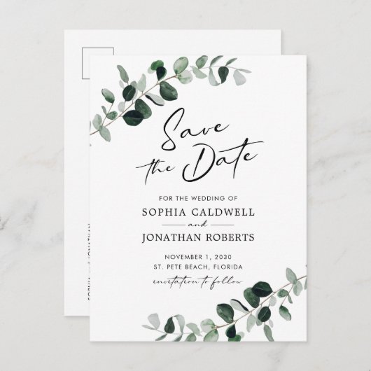 Eucalyptus Greenery Wedding Save the Date Aankondigingskaart (Voorkant / Achterkant)