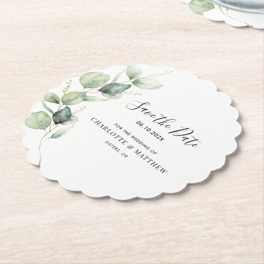 Eucalyptus Greenery Wedding Save the Date Kartonnen Onderzetters (Gekanteld)