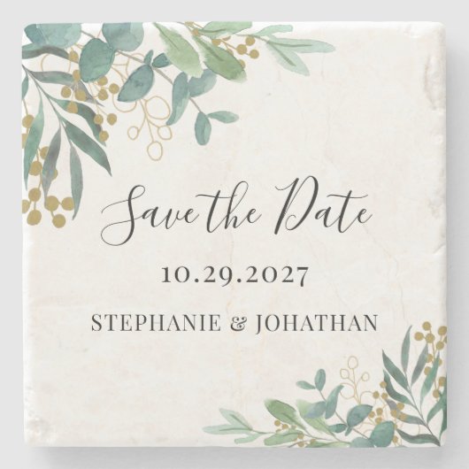 Eucalyptus Greenery Wedding Save the Date Stenen Onderzetter (Voorkant)