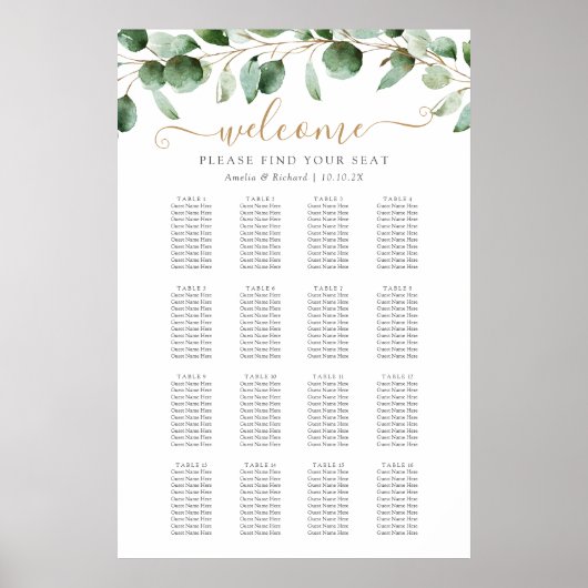 Eucalyptus Greenery Wedding Seating Chart 16 Tabel Poster (Voorkant)