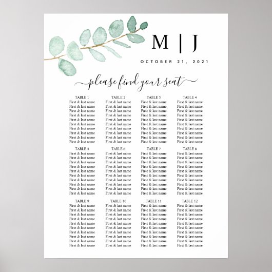 Eucalyptus Greenery Wedding Seding Chart Poster (Voorkant)