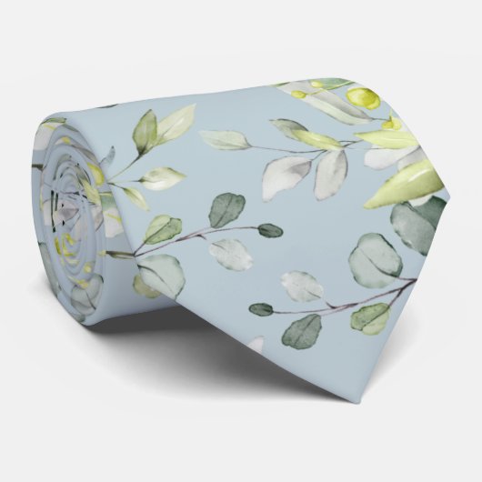 Eucalyptus Greenery Wedding Sky Blue Stropdas (Opgerold)