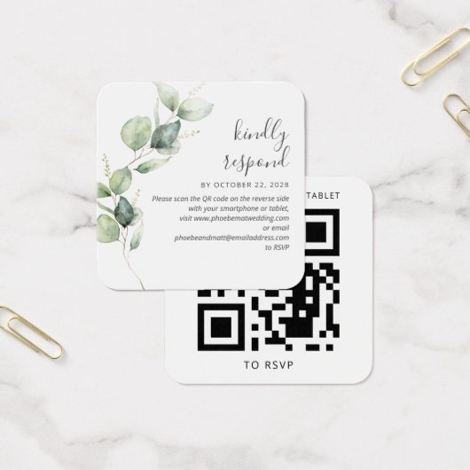Eucalyptus Greenery Wedding Website QR Code RSVP Vierkante Visitekaartjes (Kantoor)