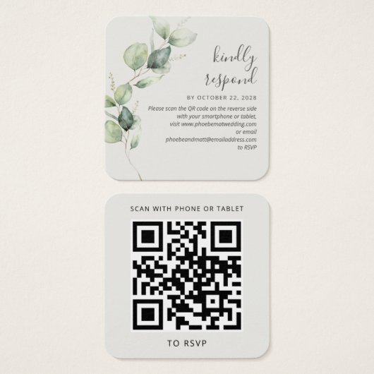 Eucalyptus Greenery Wedding Website QR Code RSVP Vierkante Visitekaartjes (Voorkant /achterkant)