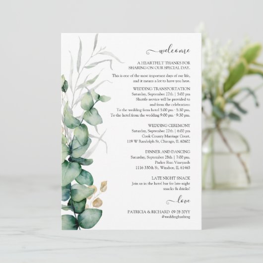 Eucalyptus Greenery Weduwroute en Welkom Kaart (Staand voorkant)