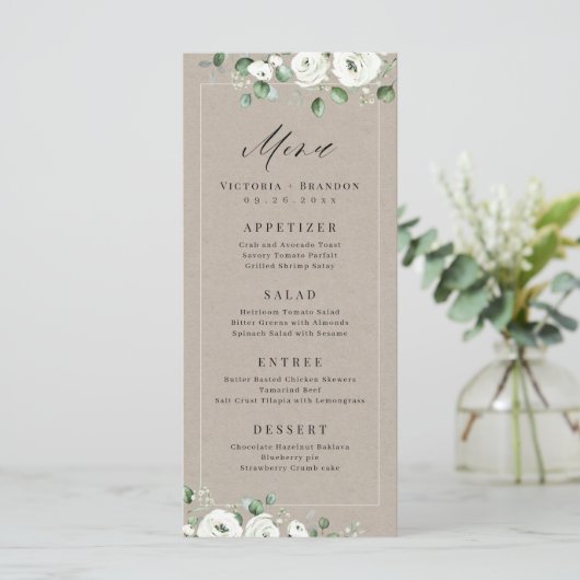 Eucalyptus Greenery white floral bruiloft Menu (Staand voorkant)