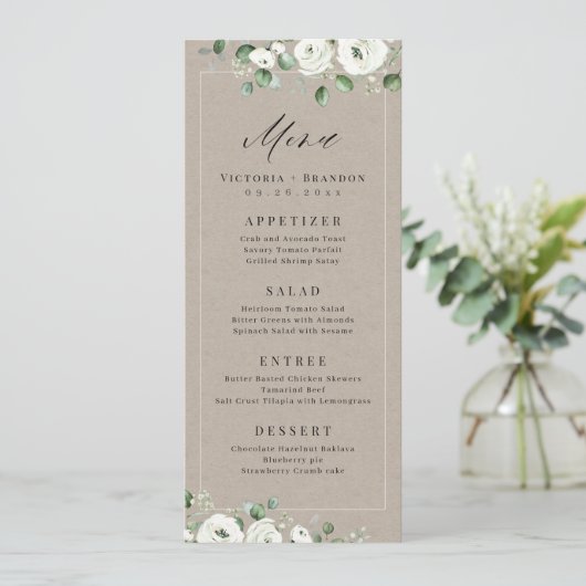 Eucalyptus Greenery white floral bruiloft Menu (Staand voorkant)