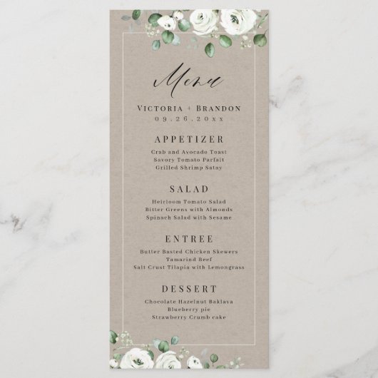 Eucalyptus Greenery white floral bruiloft Menu (Voorkant)