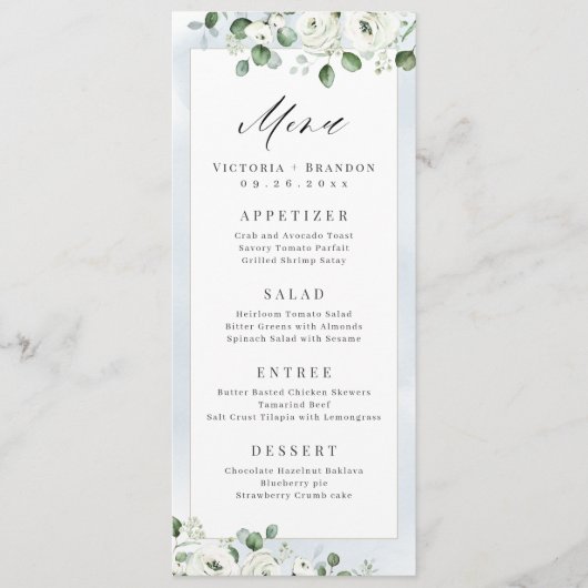 Eucalyptus Greenery white floral bruiloft Menu (Voorkant)