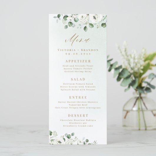 Eucalyptus Greenery white floral bruiloft Menu (Staand voorkant)