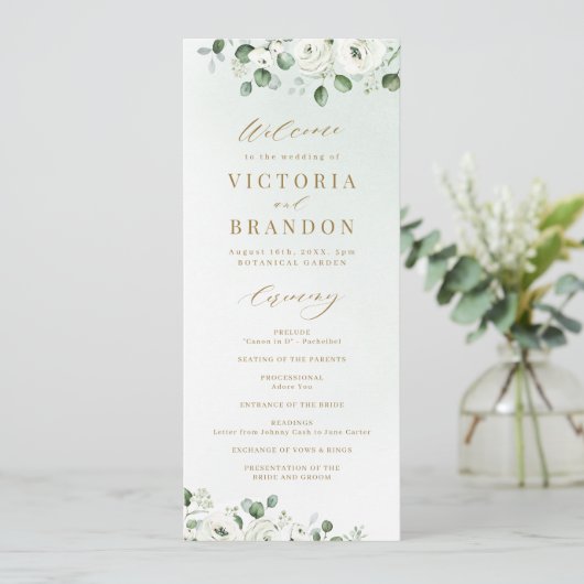 Eucalyptus Greenery white floral bruiloft Programmakaart (Staand voorkant)