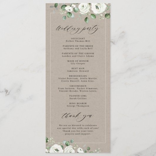 Eucalyptus Greenery white floral bruiloft Programmakaart (Achterkant)