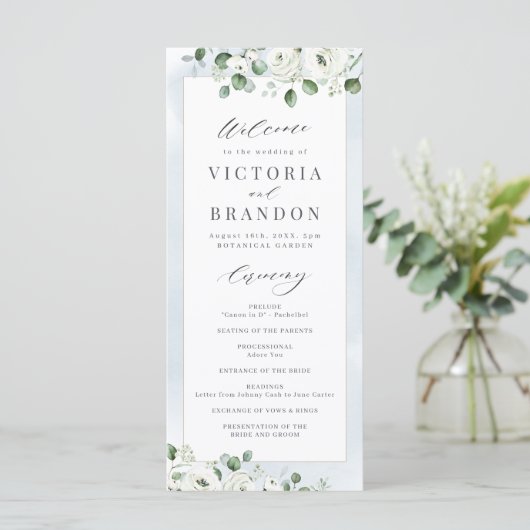 Eucalyptus Greenery white floral bruiloft Programmakaart (Staand voorkant)