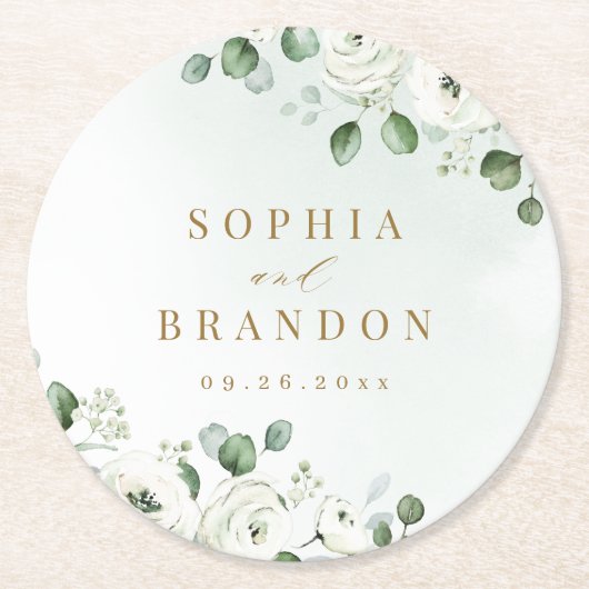 Eucalyptus Greenery white floral bruiloft Ronde Kartonnen Onderzetter (Voorkant)