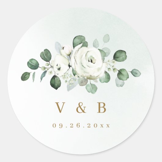 Eucalyptus Greenery white floral monogram Ronde Sticker (Voorkant)