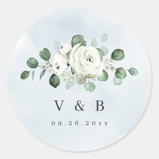 Eucalyptus Greenery white floral monogram Ronde Sticker (Voorkant)