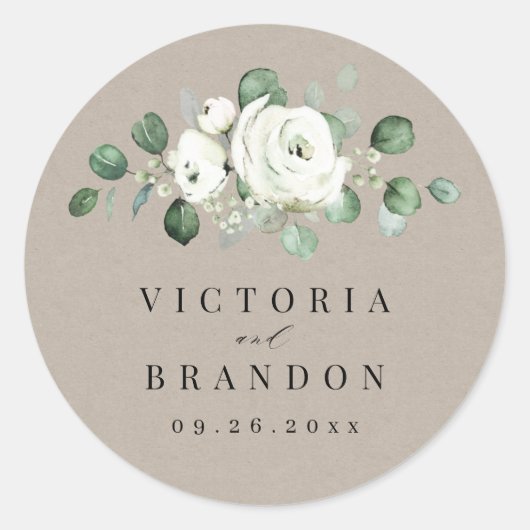 Eucalyptus Greenery white floral monogram Ronde Sticker (Voorkant)