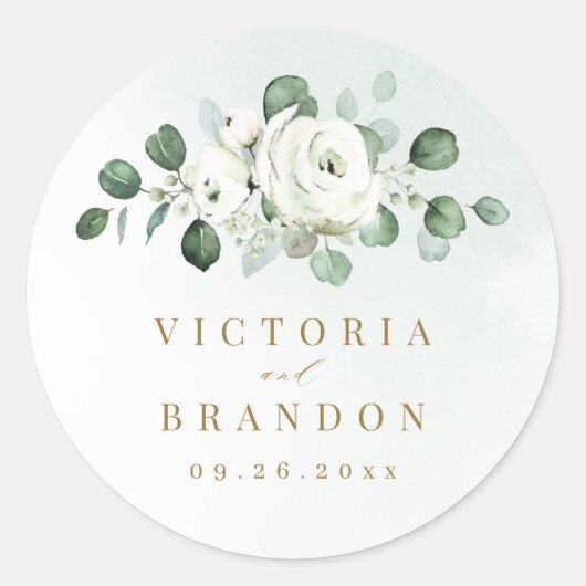Eucalyptus Greenery white floral monogram Ronde Sticker (Voorkant)