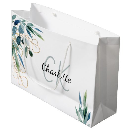 Eucalyptus greenery white gold monogram groot cadeauzakje (Voorkant Gekanteld)