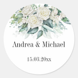 Eucalyptus greenery white roses gepersonaliseerd ronde sticker