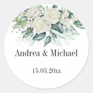 Eucalyptus greenery white roses gepersonaliseerd ronde sticker