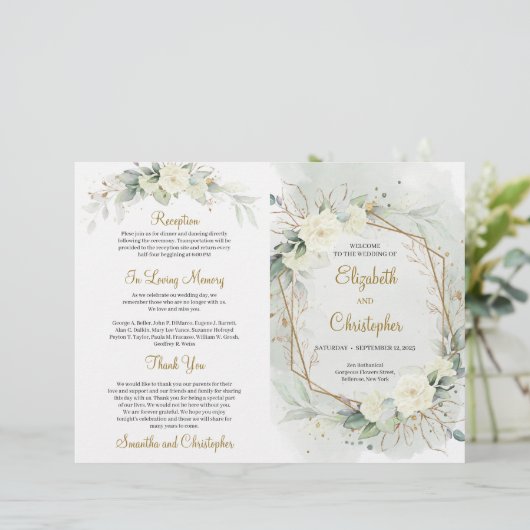 Eucalyptus Greenery white roses Gold-programma (Staand voorkant)
