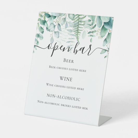 Eucalyptus greenery woodland ferns bar menu reclamebord met voetstuk (Voorkant)