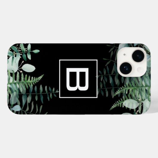 Eucalyptus greenery woodland ferns monogram zwart Case-Mate iPhone case (Achterkant (horizontaal))