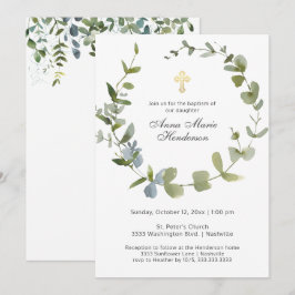 Eucalyptus Greenery Wreath Cross Baptisme Kaart