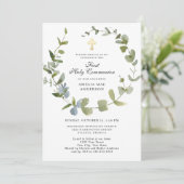 Eucalyptus Greenery Wreath Cross Heilige Communie Kaart (Staand voorkant)
