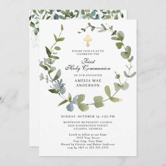 Eucalyptus Greenery Wreath Cross Heilige Communie Kaart (Voorkant / Achterkant)
