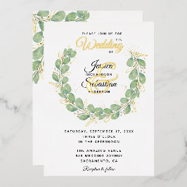 Eucalyptus Greenery Wreath Gold White Wedding Folie Uitnodiging