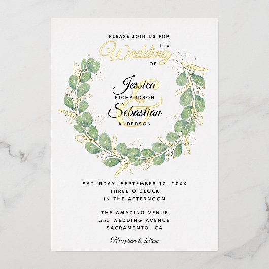 Eucalyptus Greenery Wreath Gold White Wedding Folie Uitnodiging (Voorkant)